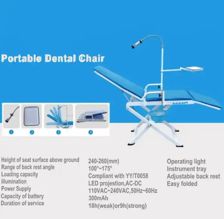 Fauteuil patient dentaire pliable portable avec lampe à lumière froide et instrument